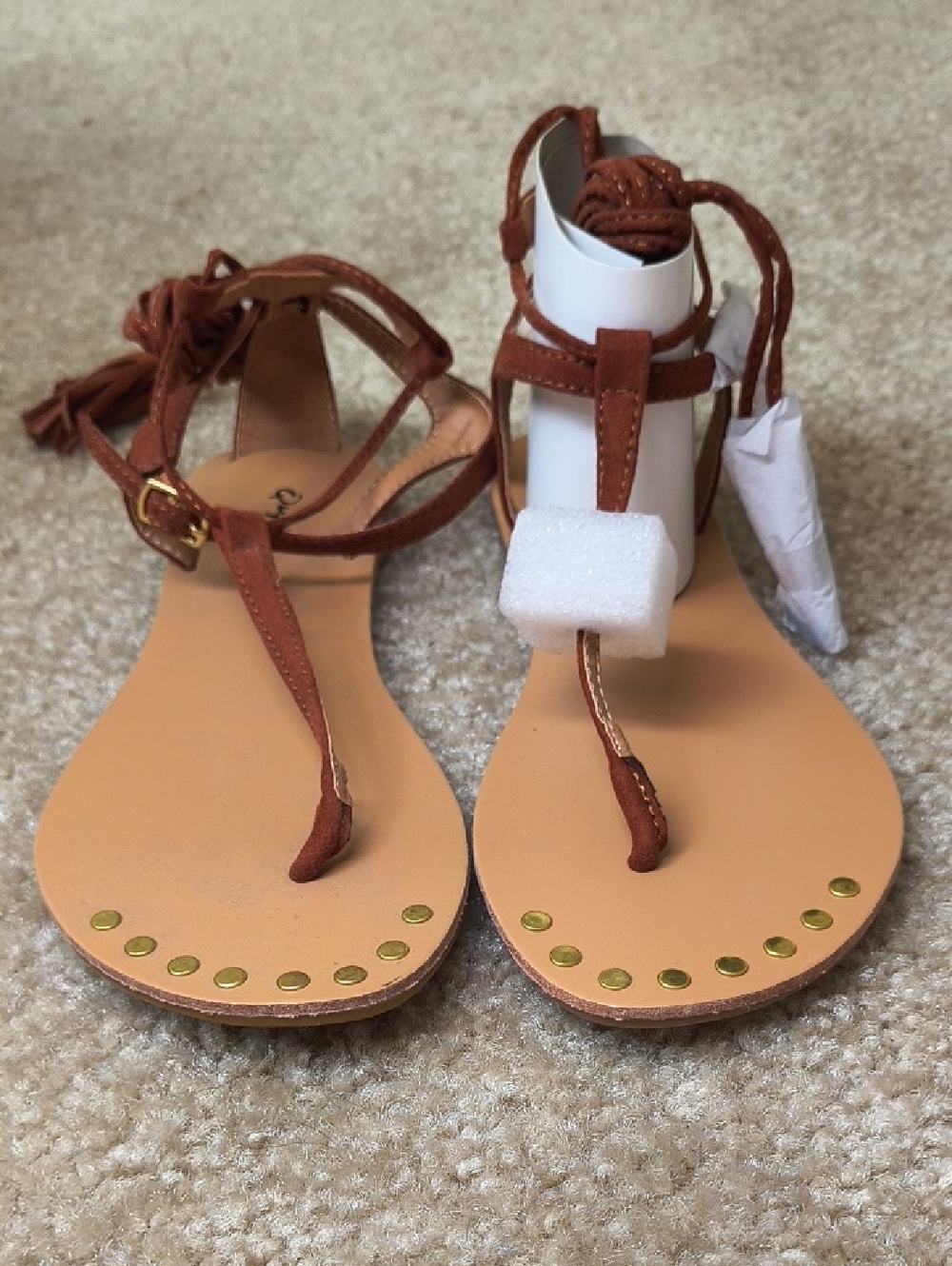 Qupid Tan Brown T-Strap Lace-Up Gladiator Sandals with Gold Studs Size 6 T11